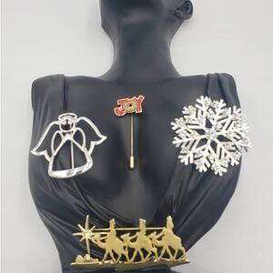 Merry Christmas Brooch Lot of 4 Joy Stickpin, Angel, Snowflake, Three Wise Man